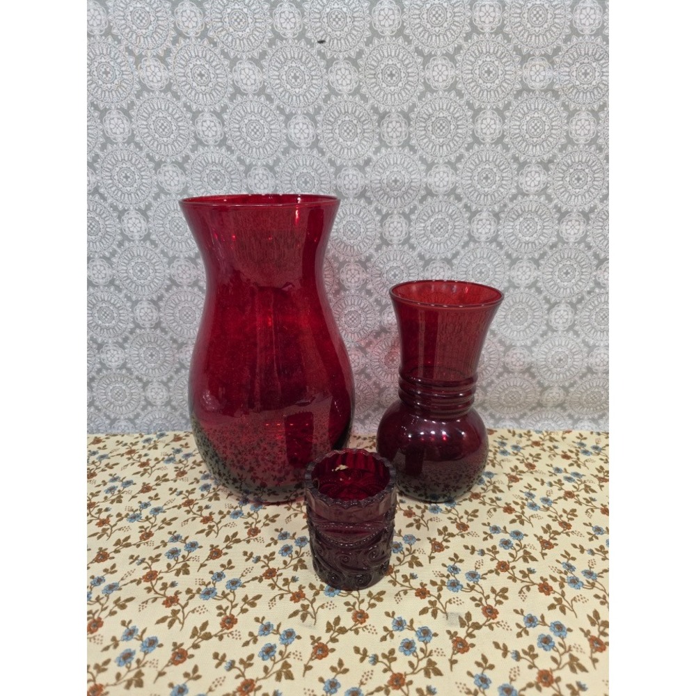 Ruby Red Glass Vase Candle Holder Set of 3 Bud Vases‎ Home Decor Floral Accent